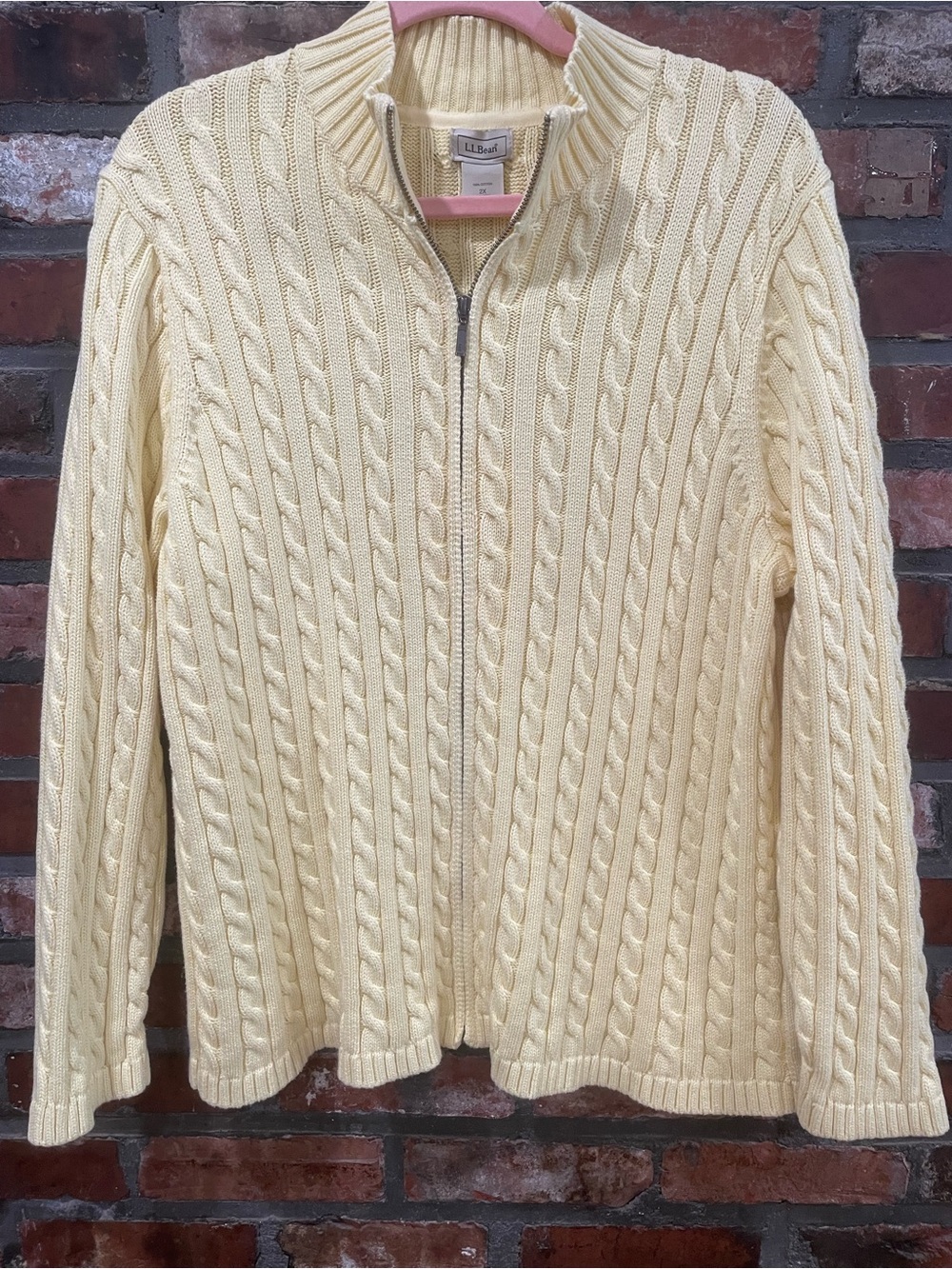 L.L. Bean Womens butter yellow  Cable-Knit Zip-Up Sweater